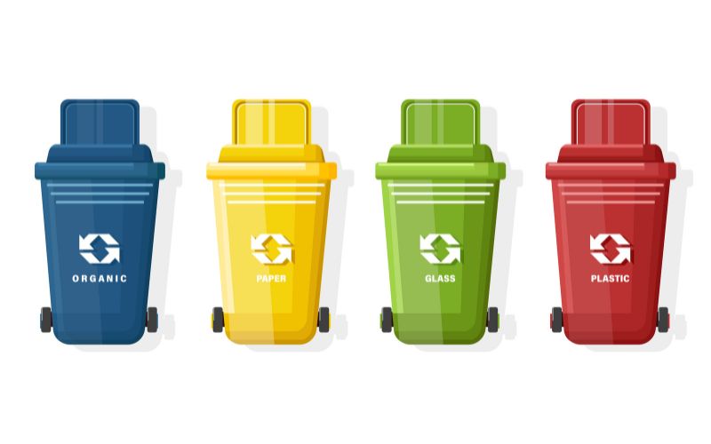 Set of Blue, yellow, green and red trash can