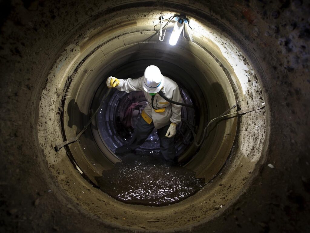 technician inspecting underground sewage tank cleaning process near me in Dubai using safety gear