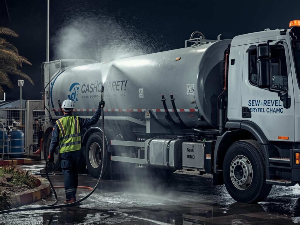 Technician performing sewage tank cleaning near me in Dubai using high-pressure hose.