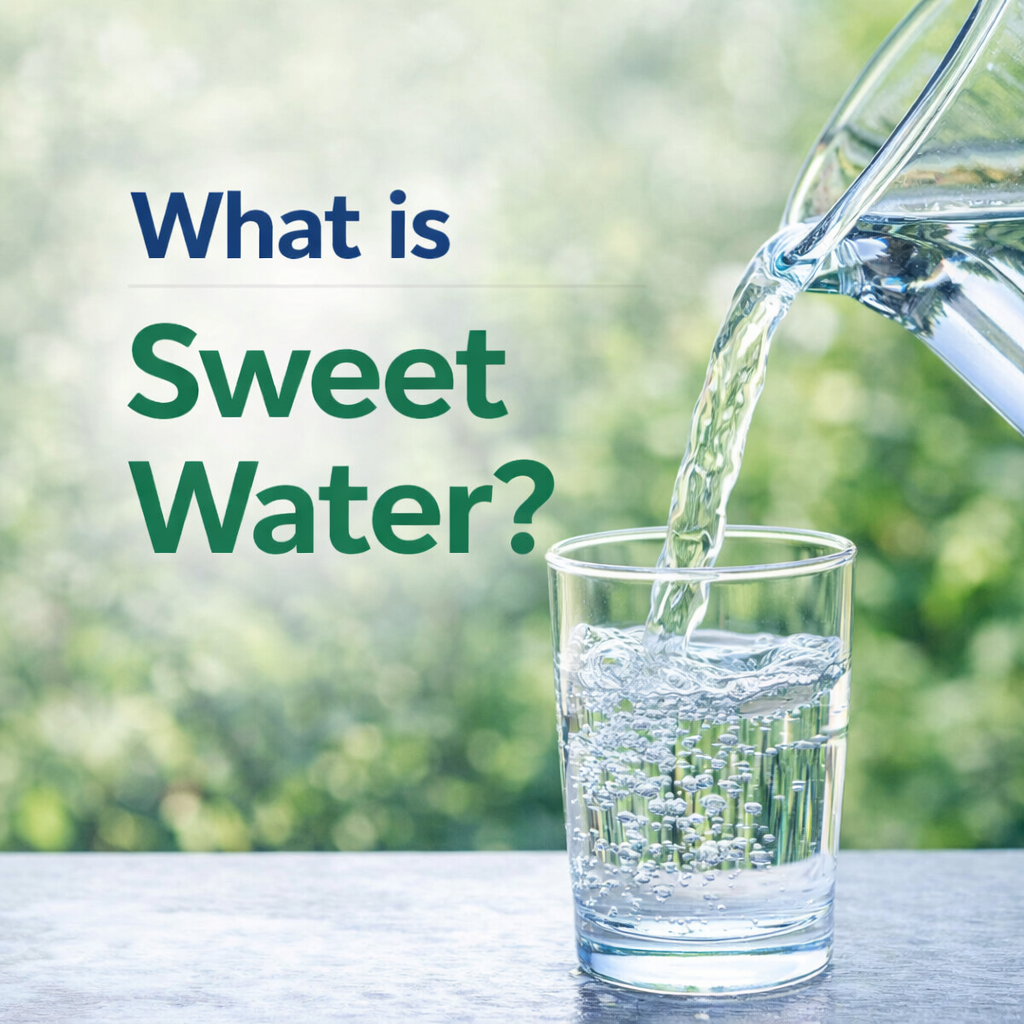 “What is sweet water – clean drinking water being poured into a glass, representing safe and fresh water supply.”