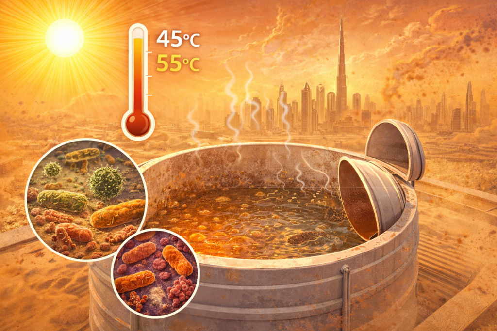 Illustration of a rooftop water tank in extreme desert heat, with the sun blazing over a Dubai skyline. The open tank contains hot, murky water emitting steam, while dust fills the air. Circular insets show magnified bacteria and microorganisms growing inside the contaminated water, highlighting health risks from poor tank maintenance.