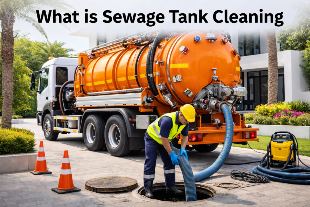 Professional sewage tank cleaning service in Dubai with an orange vacuum tanker truck and worker operating a hose at a residential villa