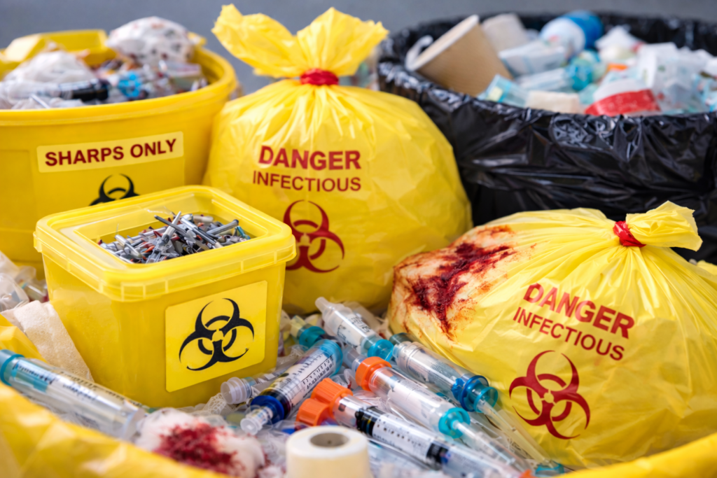 Color coded clinical waste segregation in UAE showing yellow sharps container, infectious waste bags, and medical waste disposal system