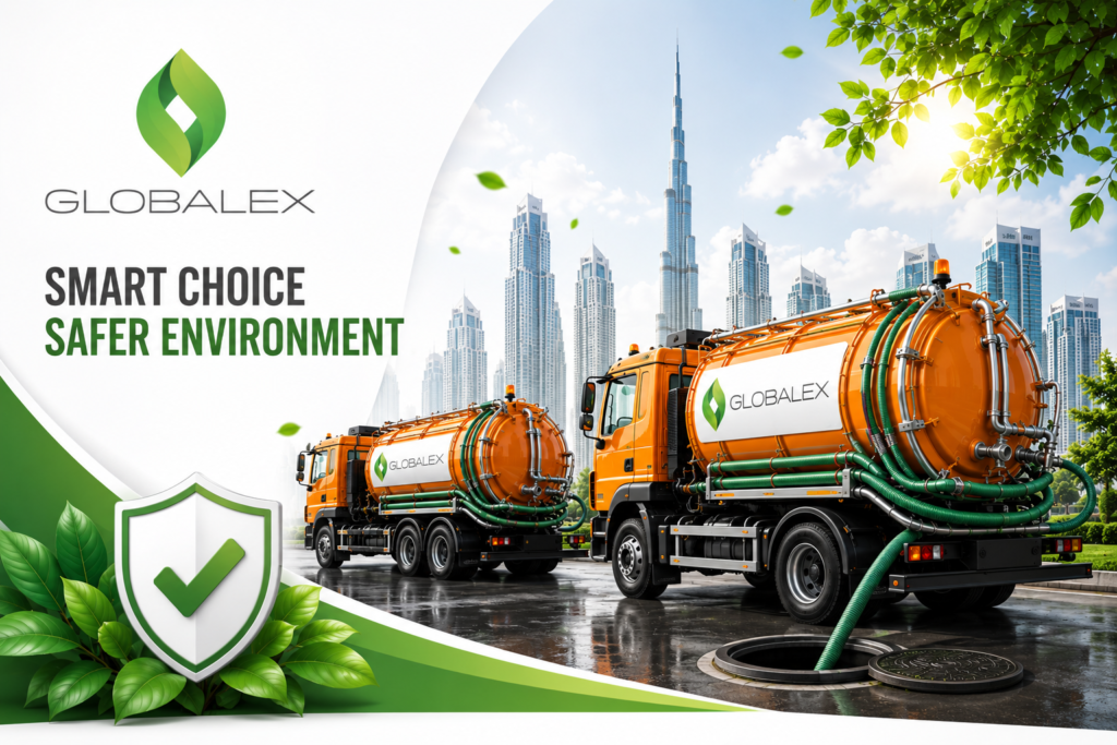 Two orange Globalex sewage tanker trucks in a modern Dubai city setting with green eco-friendly branding, white and green corporate design, and the slogan “Smart Choice Safer Environment.