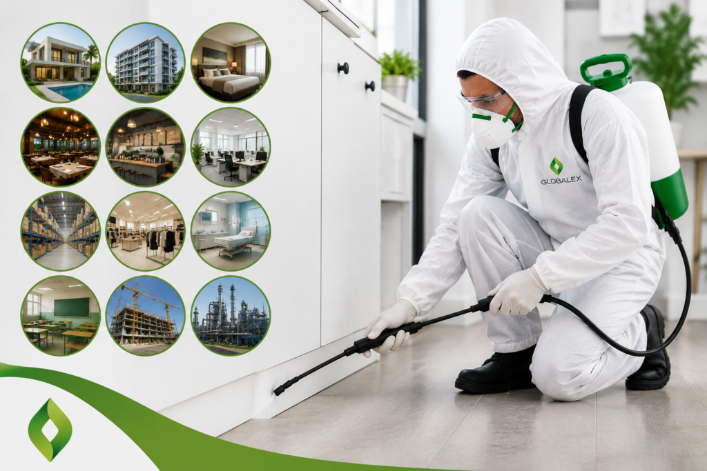 Professional pest control technician providing safe pest management services for residential, commercial, healthcare, hospitality, retail, and industrial properties in Dubai UAE