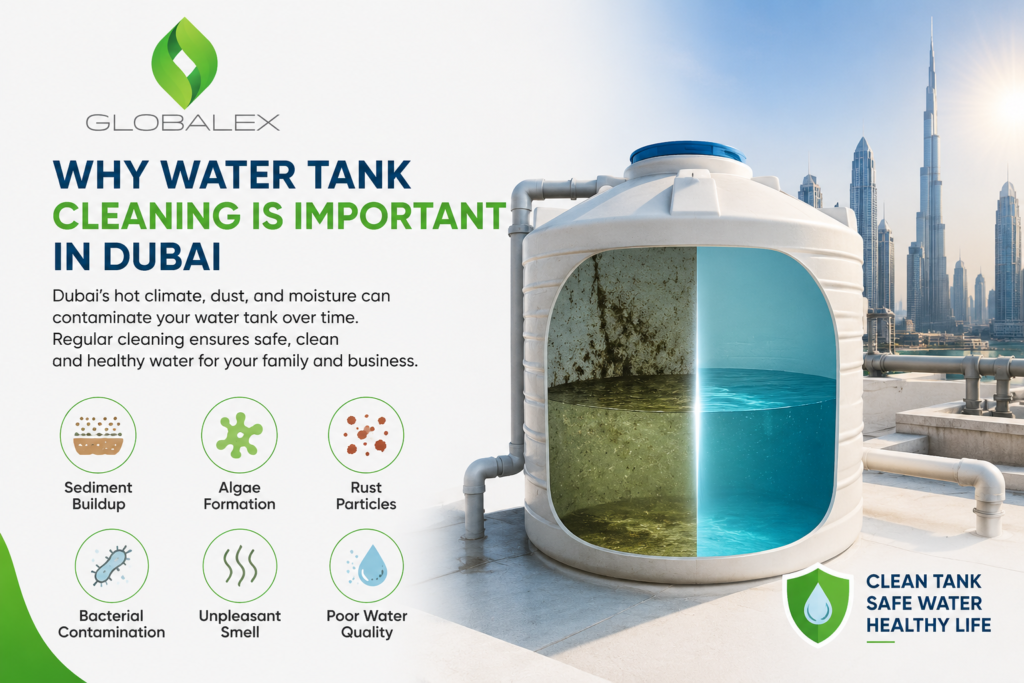 Infographic showing why water tank cleaning is important in Dubai with contaminated and clean water tank comparison, common water contamination problems, Dubai skyline background, and Globalex branding for professional water tank cleaning services.