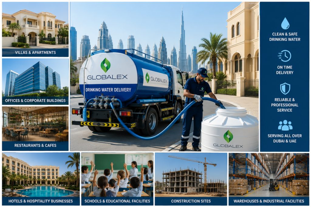 Globalex drinking water delivery services in Dubai UAE showing blue water tanker supplying clean water to villas apartments offices restaurants hotels schools construction sites and industrial warehouses with Dubai skyline background