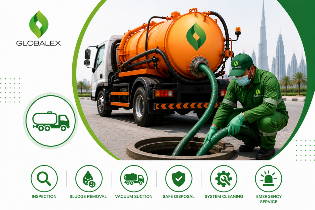 Sewage tank cleaning service in Dubai with orange vacuum tanker truck and technician using hose, featuring Globalex branding and professional equipment