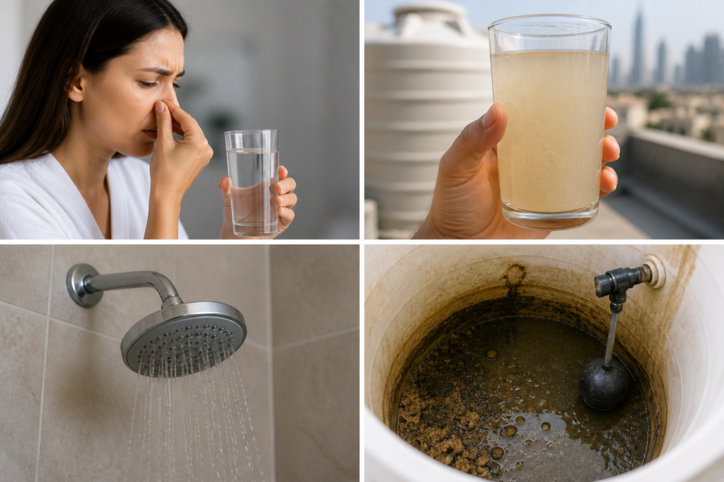 Signs of dirty villa water tank in Dubai showing bad smelling water, cloudy drinking water, low water pressure, and sediment buildup inside tank