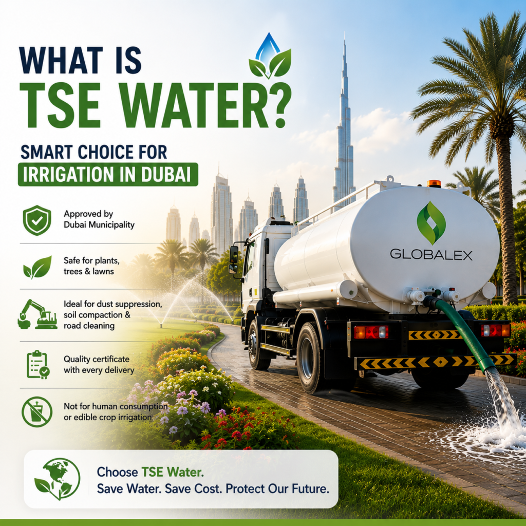 What is TSE water in Dubai infographic showing Globalex irrigation water tanker supplying municipality-approved treated sewage effluent water for landscaping and irrigation
