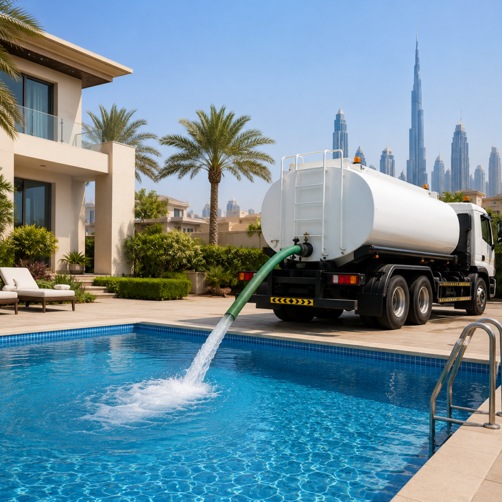 Swimming pool filling service in Dubai with a sweet water tanker supplying clean water to a luxury residential swimming pool near modern villas and the Dubai skyline.