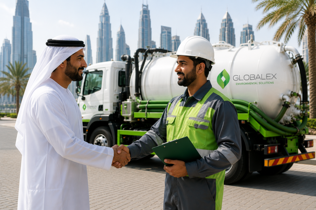 Globalex waste management tanker truck in Dubai with client and service representative discussing environmental solutions.