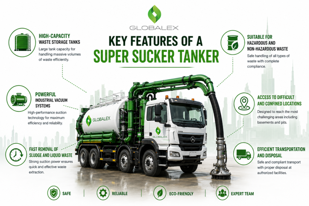 Super sucker tanker Dubai with high-capacity vacuum waste removal features.