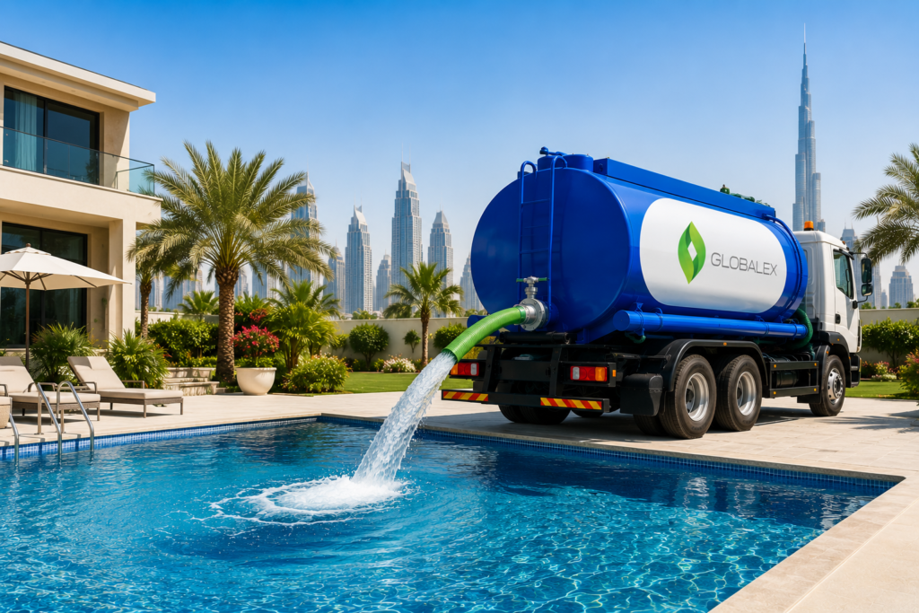 Globalex blue water tanker delivering fresh water to a residential swimming pool in Dubai
