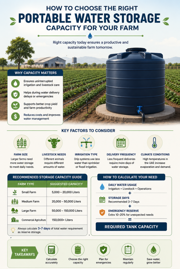 Infographic showing how to choose the right portable water storage capacity for a farm, including water usage calculations, storage capacity guide, irrigation needs, livestock requirements, and UAE farming considerations.