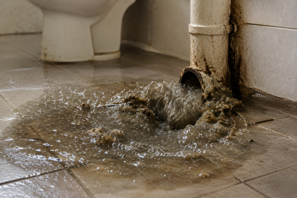 "Sewage overflow from a bathroom drain inside a Dubai property."