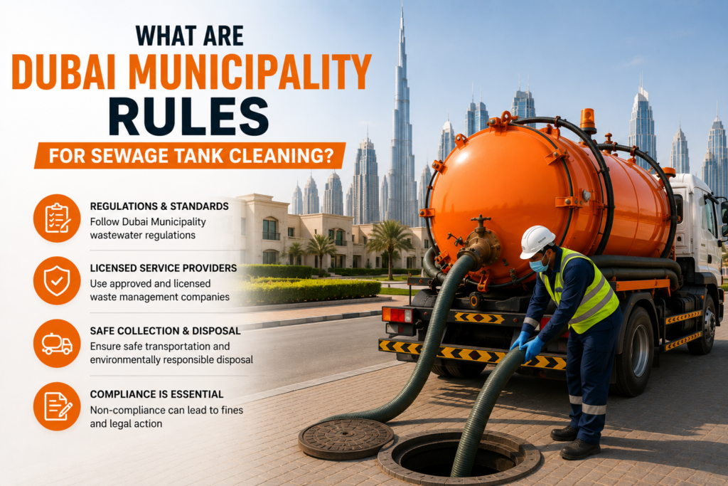 What Are Dubai Municipality Rules for Sewage Tank Cleaning? Professional worker operating an orange sewage tanker in Dubai with the skyline in the background, illustrating wastewater management regulations and safe sewage tank cleaning practices.