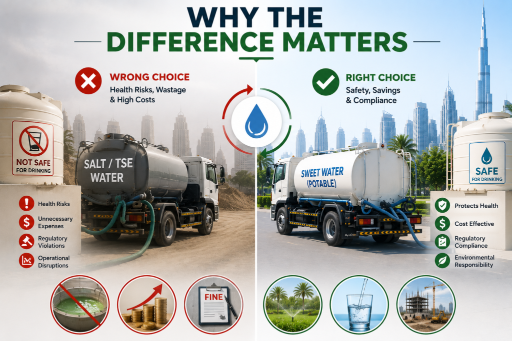 "Infographic illustrating why choosing the right water tanker matters, comparing safe potable sweet water with non-potable TSE and salt water to highlight health, cost, safety, and compliance considerations in Dubai."