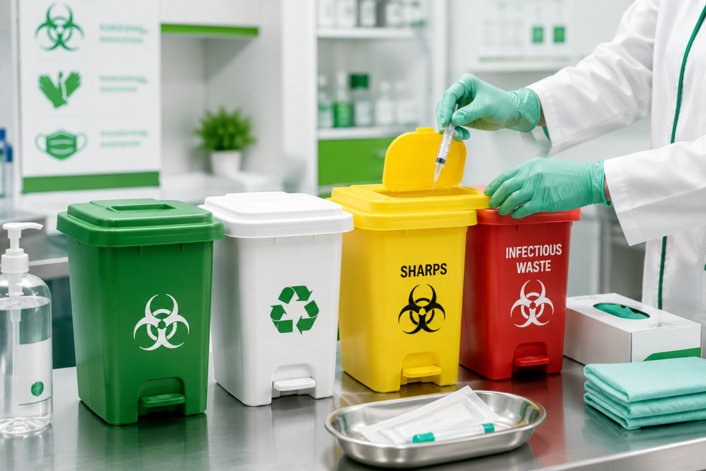 Healthcare professional segregating medical waste into color-coded bins for sharps, infectious, and general waste in a clinic, demonstrating safe medical waste segregation practices in Dubai.