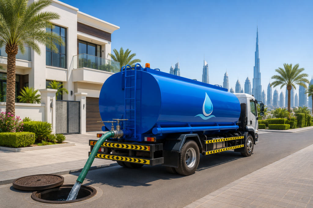 "Blue sweet water tanker delivering fresh water to a modern villa in Dubai, representing reliable sweet water tanker services for residential, commercial, and construction water supply."