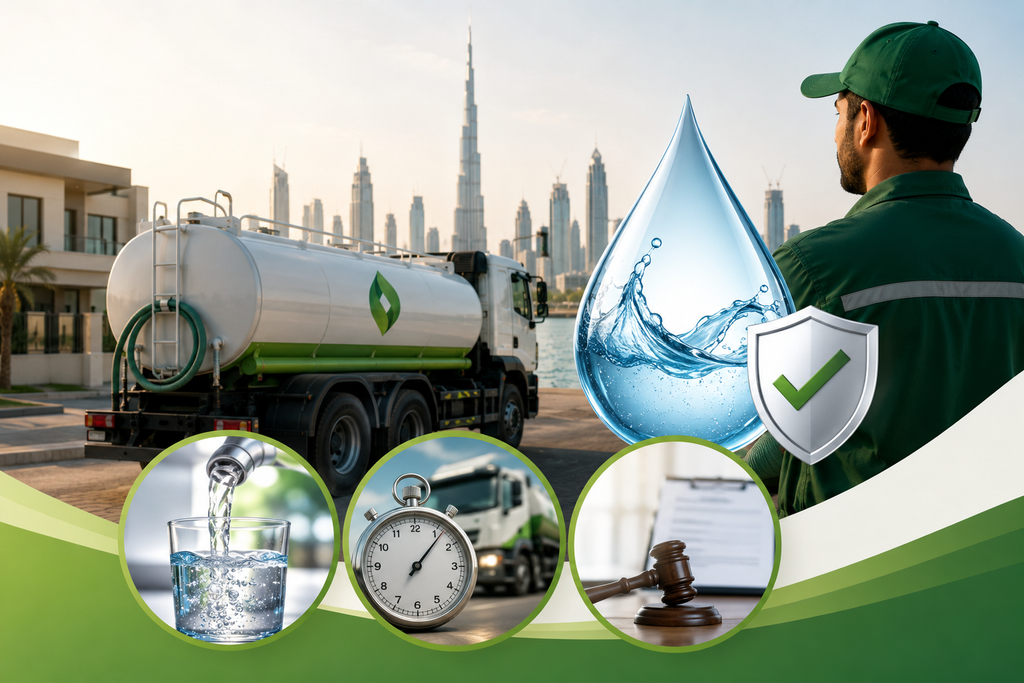Reliable water tanker service in Dubai showing a water tanker, clean water, delivery timing, safety compliance, and professional service.