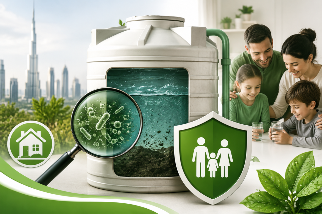 Illustration of a contaminated household water tank with visible sediment and bacteria under a magnifying glass, alongside a protected family and clean water shield, highlighting the importance of water tank hygiene for every household.