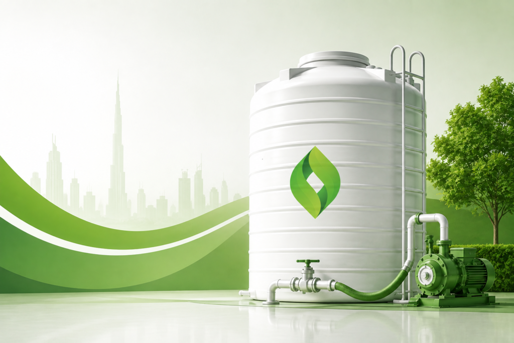 White water storage tank with green pump system representing professional water tank cleaning and disinfection services in Dubai