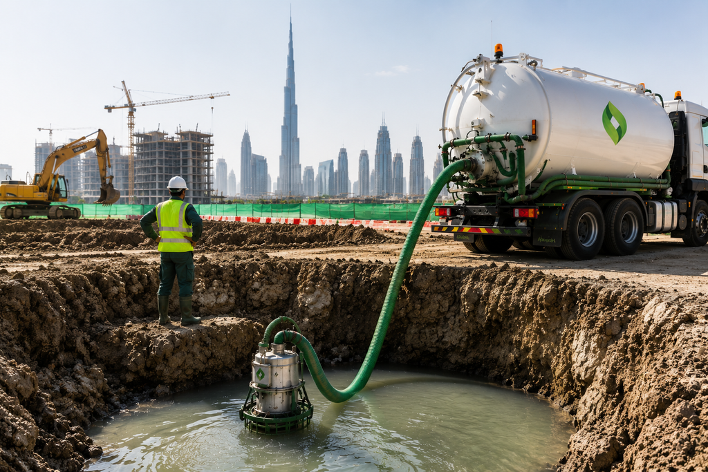Construction site dewatering in Dubai with a vacuum tanker, green hoses, submersible pump, standing excavation water, and worker in safety gear.