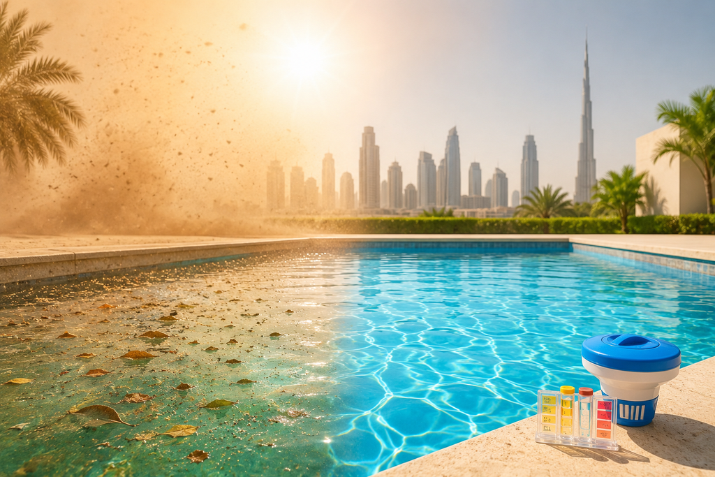 Dubai pool affected by intense heat, dust, and sand on one side, contrasted with clear, well-maintained pool water and testing equipment under the sunny Dubai climate.