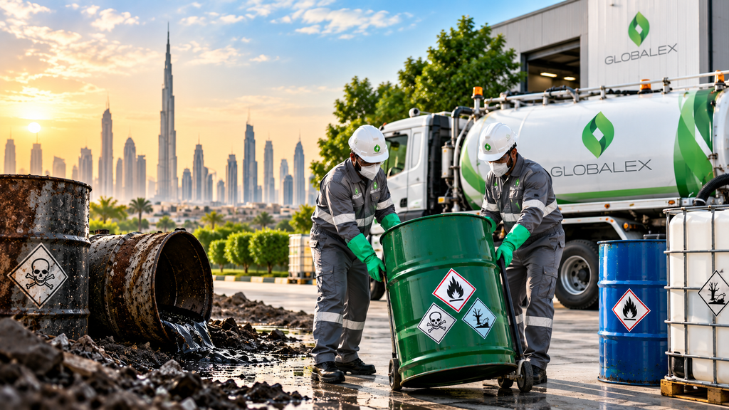 Globalex workers safely handling hazardous waste drums beside a branded tanker in Dubai, highlighting proper waste collection and environmental protection.