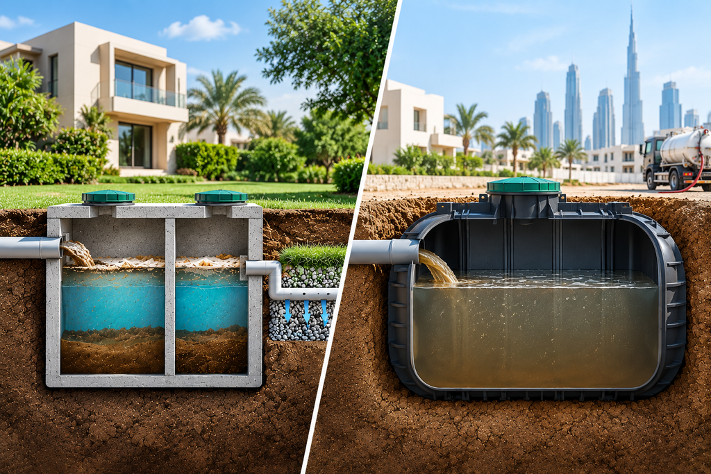 Split view showing a septic tank with a drain field beside a sealed sewage holding tank and tanker service in Dubai.