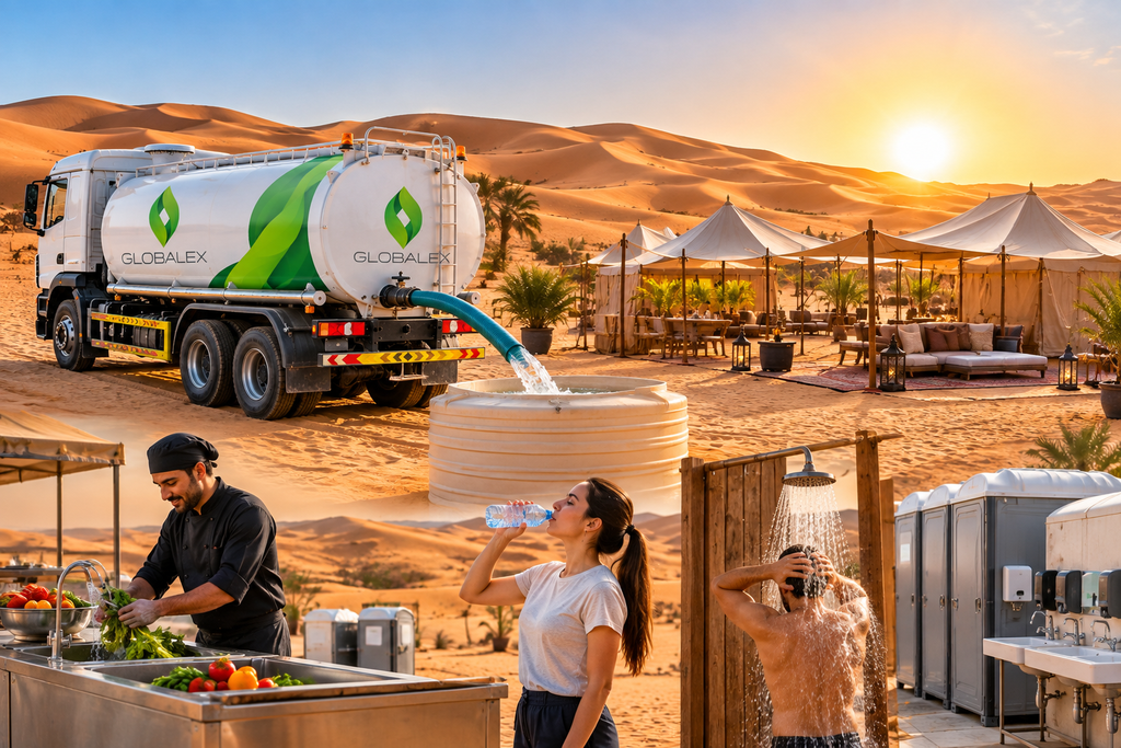 Globalex water tanker supplying fresh water to a desert camp in Dubai for drinking, cooking, washing, and sanitation.