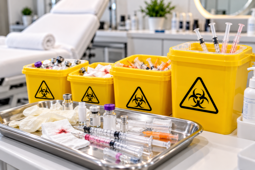 Cosmetic clinic sharps disposal in Dubai, yellow containers with used filler syringes, Botox vials and infectious waste beside a treatment tray.