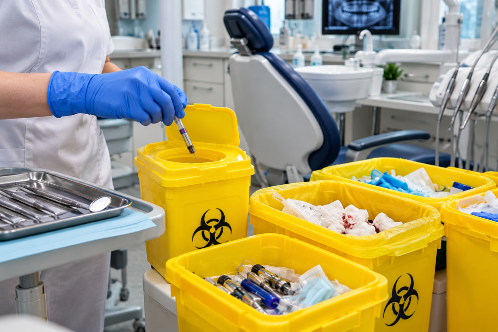 Dental sharps disposal in a Dubai dental clinic, used needle placed into a yellow sharps container next to infectious waste bins.