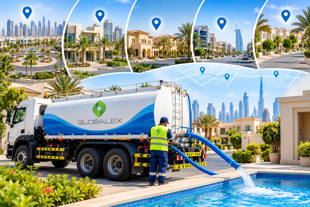 Sweet water tanker delivery by area in Dubai, Globalex tanker serving villa communities with location pins across JVC, Dubai Hills, Arabian Ranches, Al Barsha and Mirdif