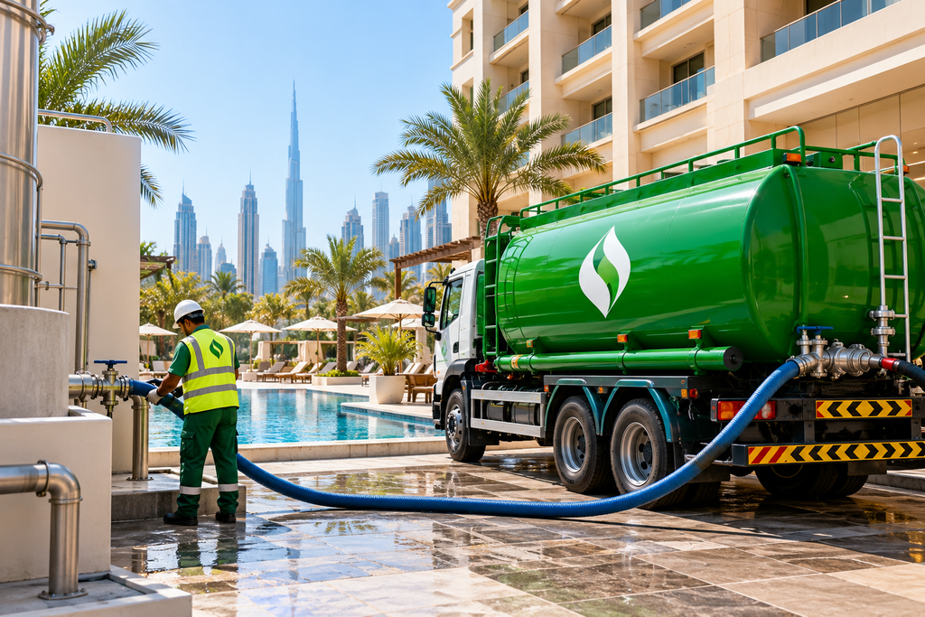 Globalex green water tanker delivering bulk water to a Dubai hotel pool, with a worker connecting the water hose and the Dubai skyline in the background.