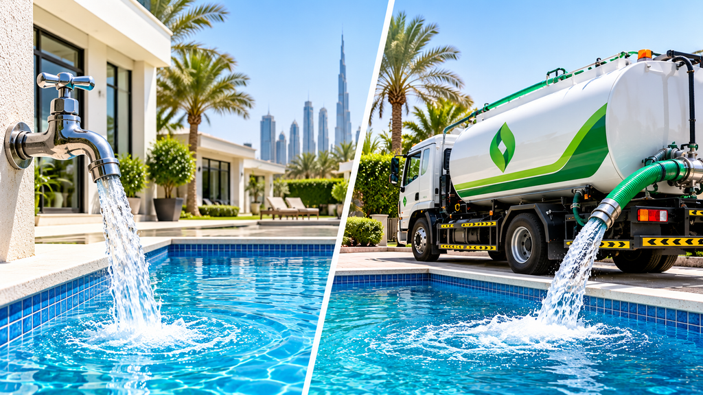 Comparison of DEWA tap water and Globalex water tanker filling a swimming pool at a luxury Dubai villa.
