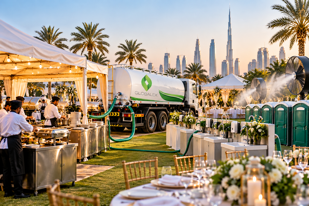 Globalex water tanker supplying water to an outdoor wedding event in Dubai, with catering stations, handwashing facilities, cooling fans, and event tents.